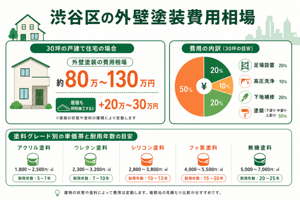 渋谷区の外壁塗装費用の相場(30坪の目安と坪数別)