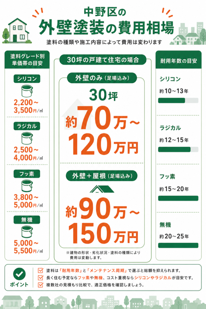 中野区の外壁塗装の費用相場【坪数・塗料グレード別】