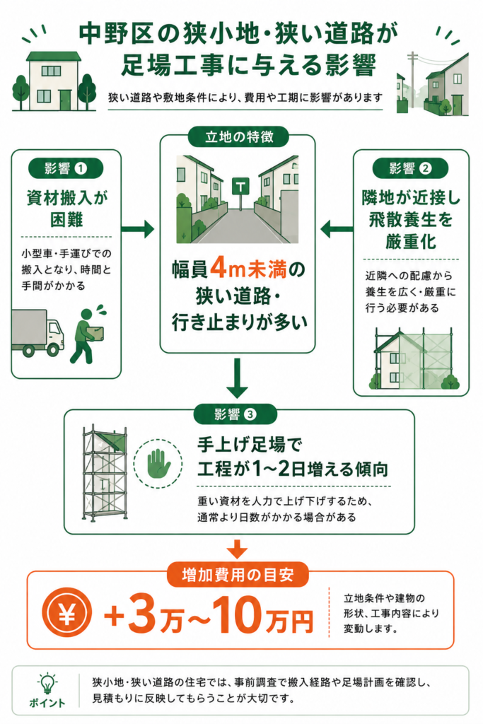 中野区は狭小地・狭い道路が多く足場設置に工夫が必要