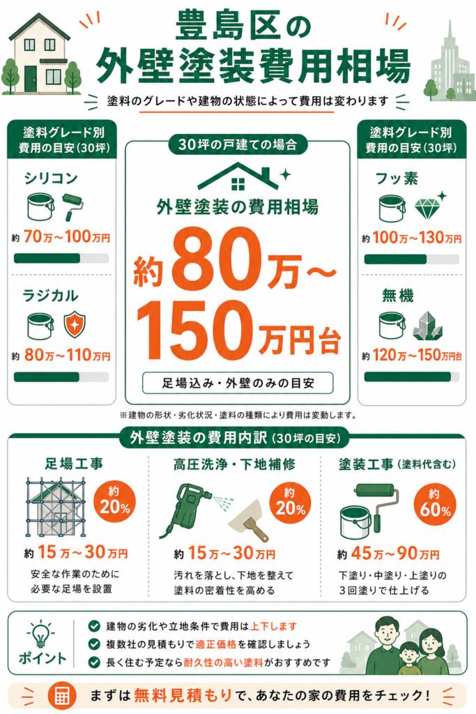 豊島区の外壁塗装の費用相場(30坪・塗料グレード別)