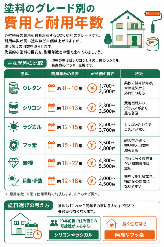 塗料のグレード別の費用と耐用年数