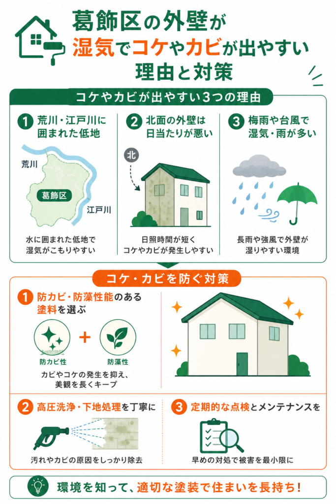 葛飾区の外壁は湿気とコケに要注意