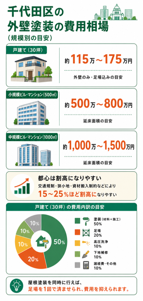 千代田区の外壁塗装の費用相場（戸建て30坪と規模別の目安）