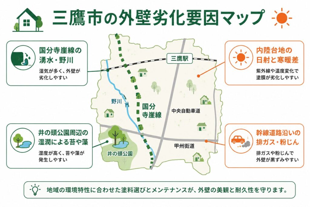 「緑と水の公園都市」三鷹の外壁劣化要因
