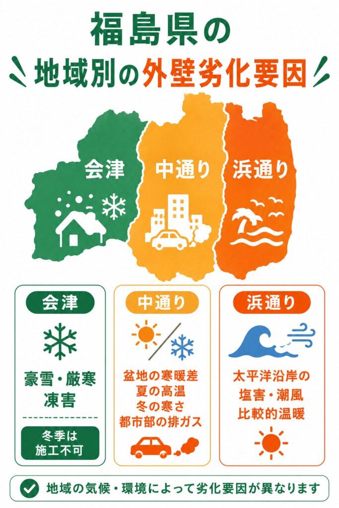 福島県の3つの地域で異なる外壁の劣化要因