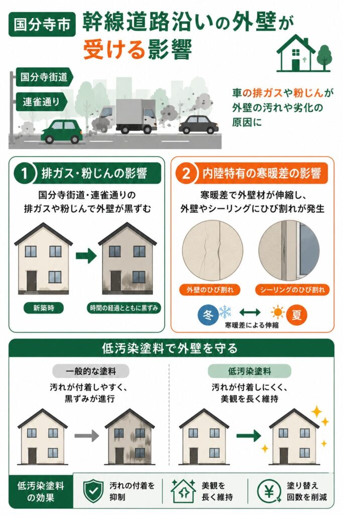 幹線道路沿いの汚れと塗料