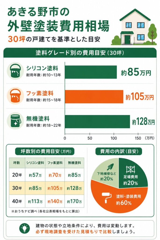 あきる野市の外壁塗装費用相場と坪数別の目安
