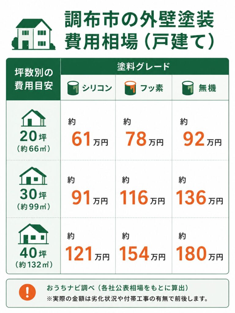 調布市の外壁塗装の費用相場(坪数別)