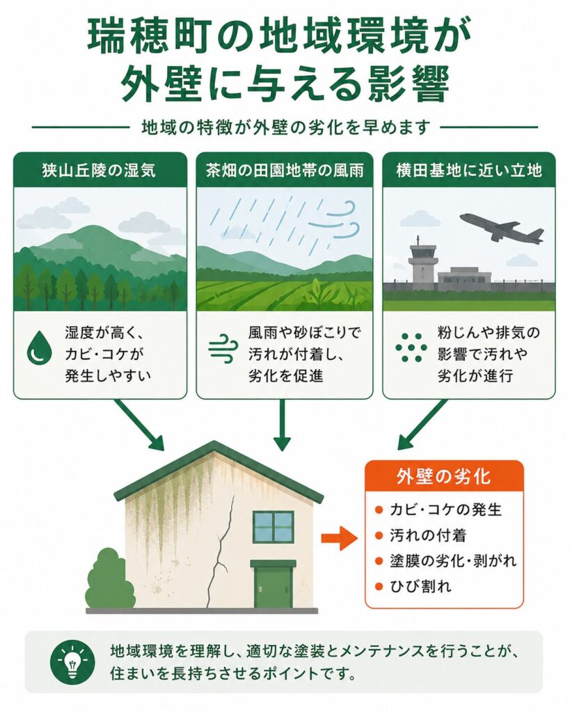 狭山丘陵と茶畑の瑞穂町ならではの外壁の傷み方
