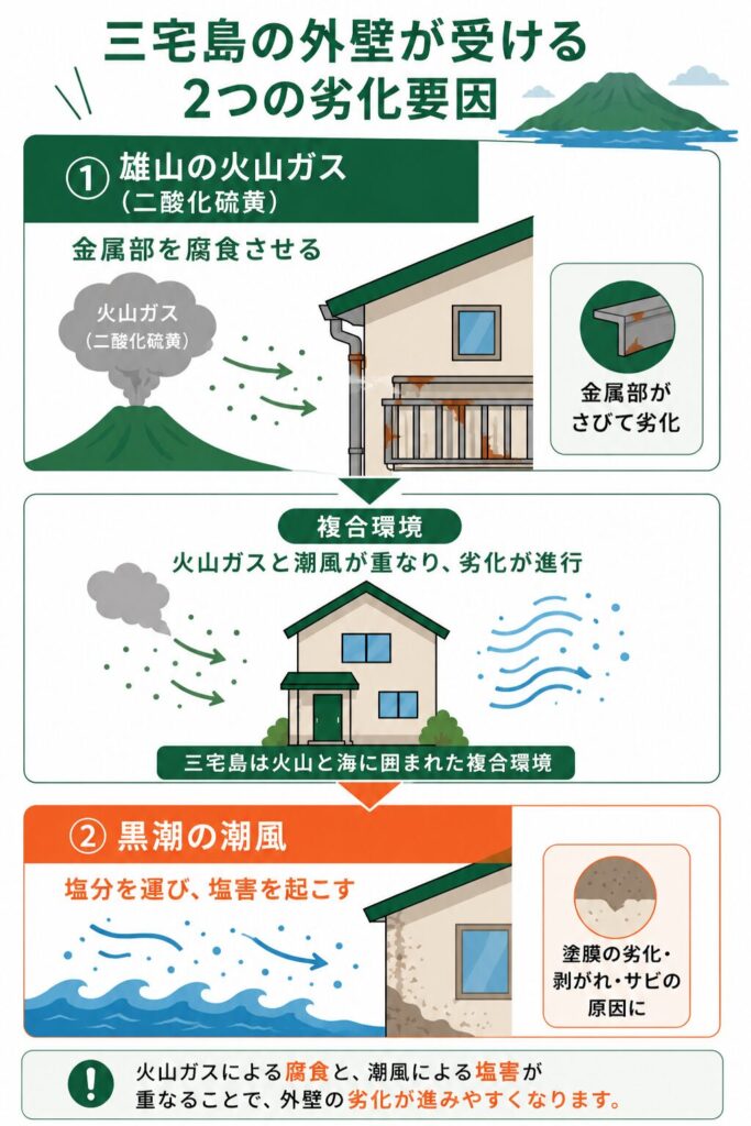 火山ガスと塩害—三宅島の外壁を傷める複合環境