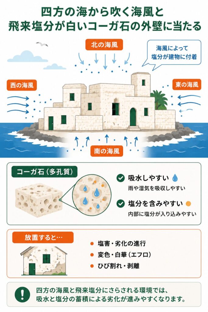 コーガ石と白い島並み—新島村の住宅事情と塗装