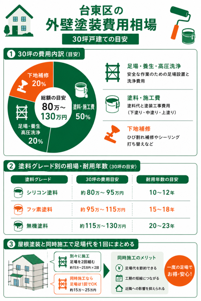 台東区の外壁塗装費用相場｜坪数別・塗料別